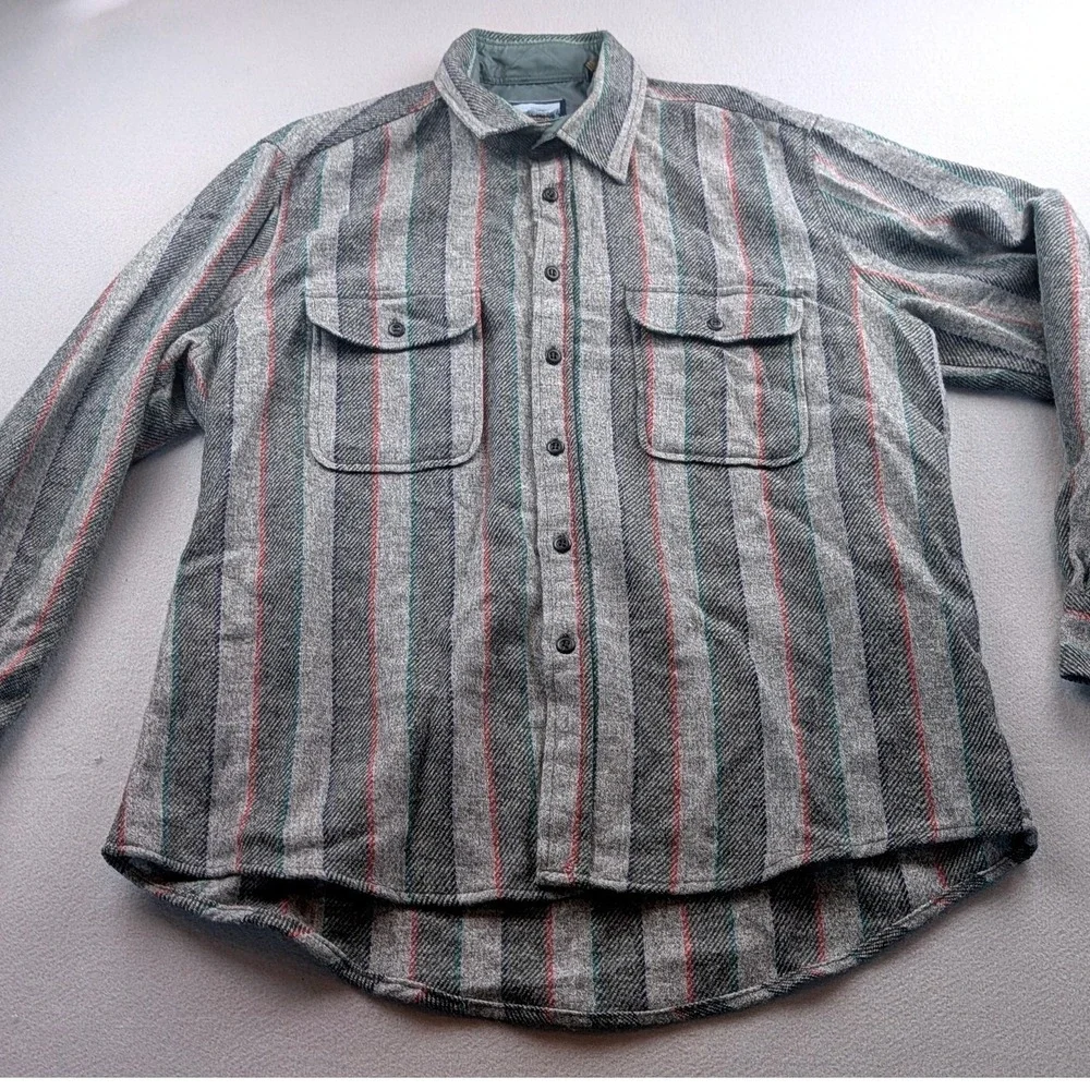 Fieldmaster Mens Wool Blend Striped Flannel Shirt Gray Red Green Large Vintage